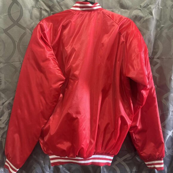 Vintage Cardinal Red Satin Bomber Jacket Size S Nylon – Minor Stain on Label Are - Picture 4 of 9
